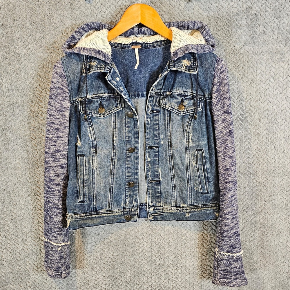 Free People Womens Mixed Media‎ Hooded Denim Jacket Blue Purple Distressed Small - Picture 2 of 9